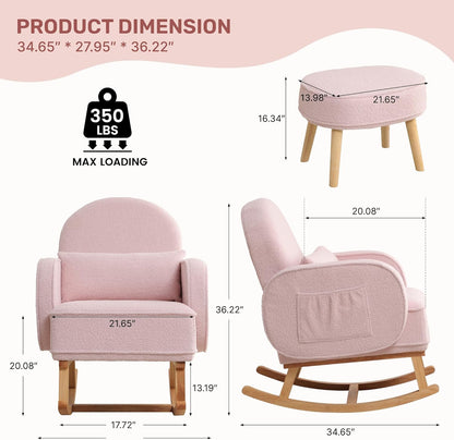 HCHAIRH Nursery Rocking Chair with Ottoman, Upholstered Glider Rocker with High Backrest Side Pocket, Rocking Accent Armchair with Solid Wood Legs for Nursery, Living Room, Bedroom, Light Grey