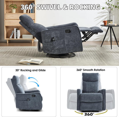 Trustyue Swivel Rocker Recliner Chair, 360° Swivel Recliner with Heat and Massage, Rocker Recliner Nursery Glider Chair with Side Pockets for Living Room (Beige, Fabric)