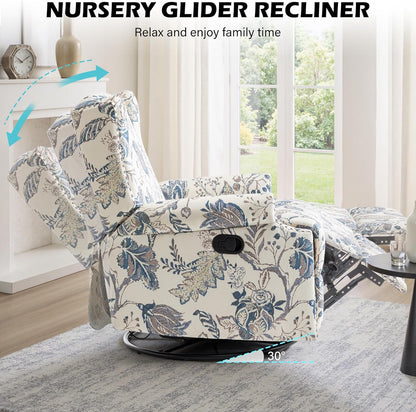 UIXE Swivel Glider Recliner Chair for Adults, High Back Nursery Rocker Floral Upholstered Armchair for Living Room, Manual Reclining Rivet Trim Sofa Lounge with Deep Seat in Fabric - Navy Blue