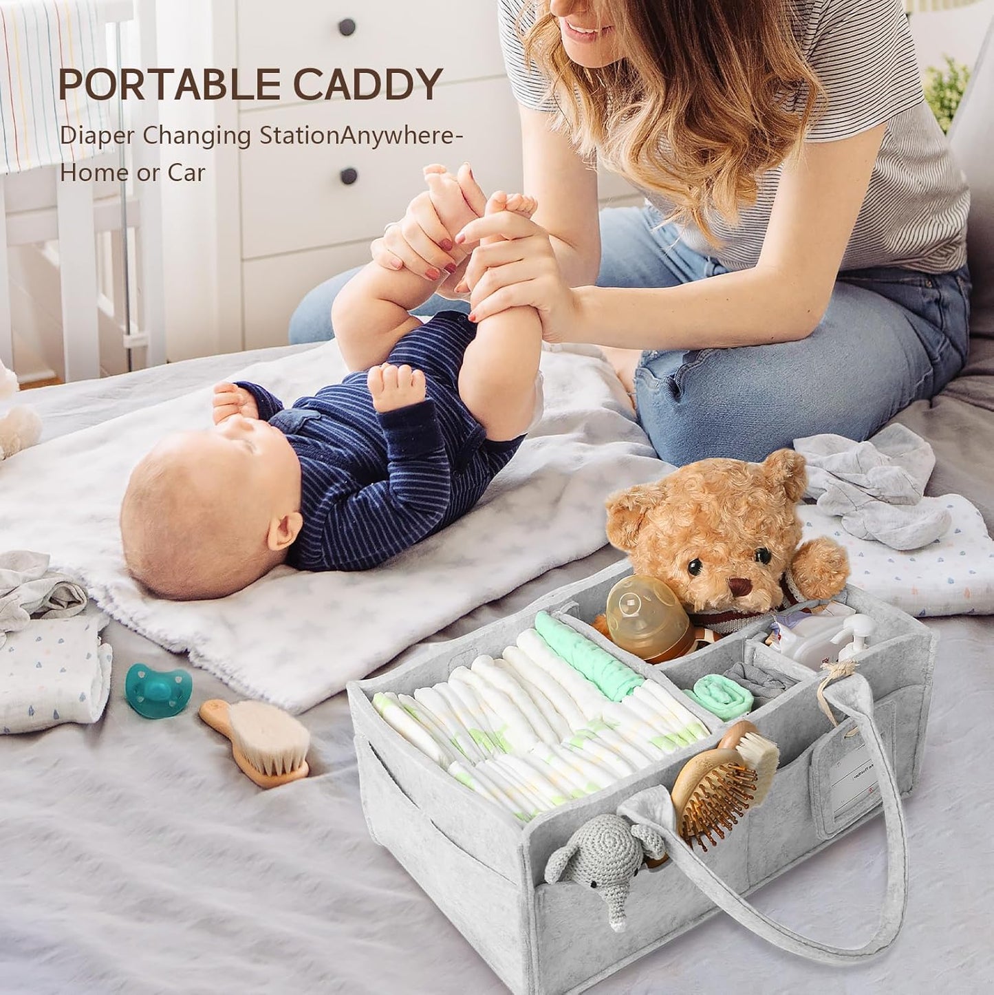 GEMII Diaper Caddy Organizer-Large Baby Caddy Organizer with Handle, Newborn Registry Essentials, Baby Shower Basket Gifts for Boys or Girls (Oatmeal, Large)