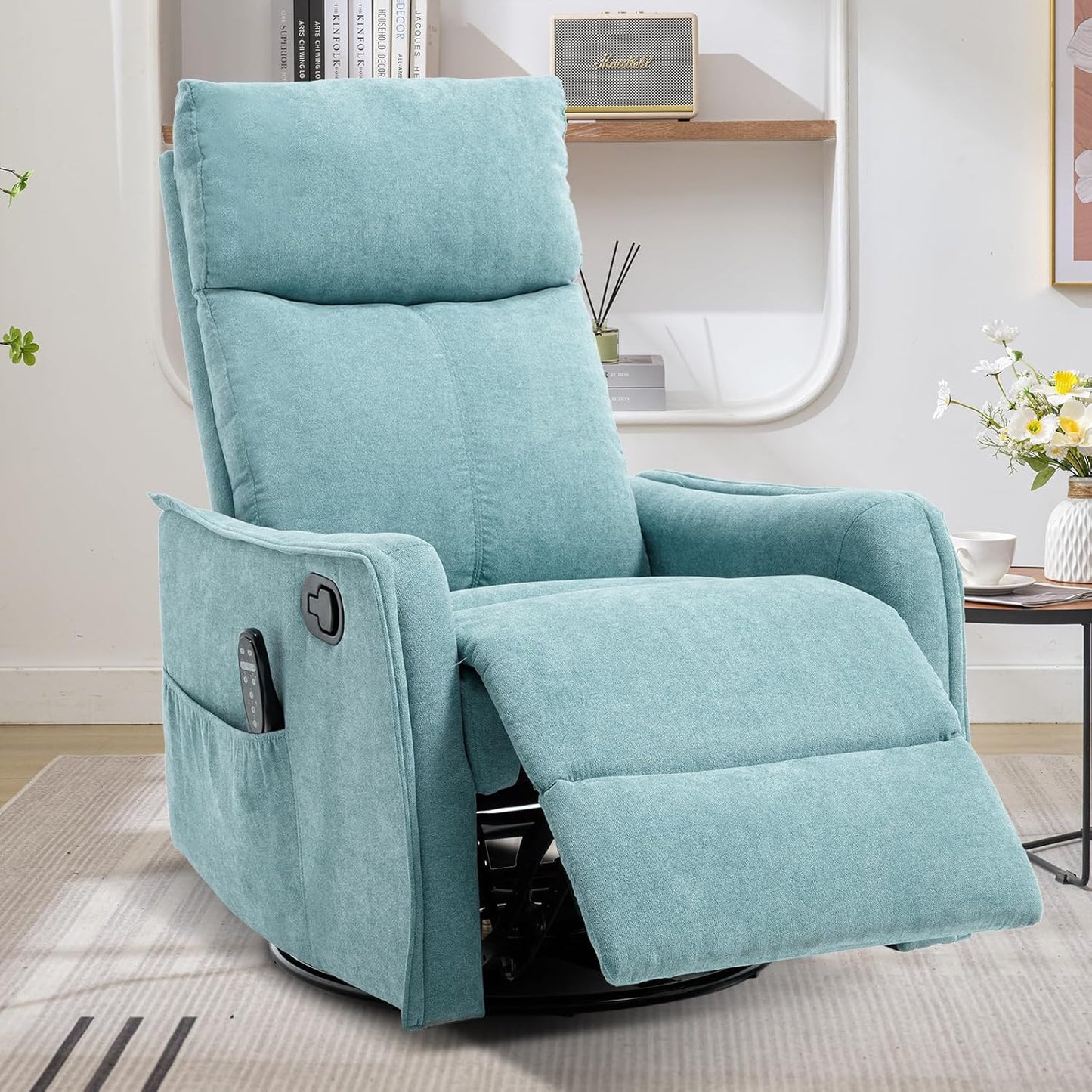 Trustyue Swivel Rocker Recliner Chair, 360° Swivel Recliner with Heat and Massage, Rocker Recliner Nursery Glider Chair with Side Pockets for Living Room (Beige, Fabric)
