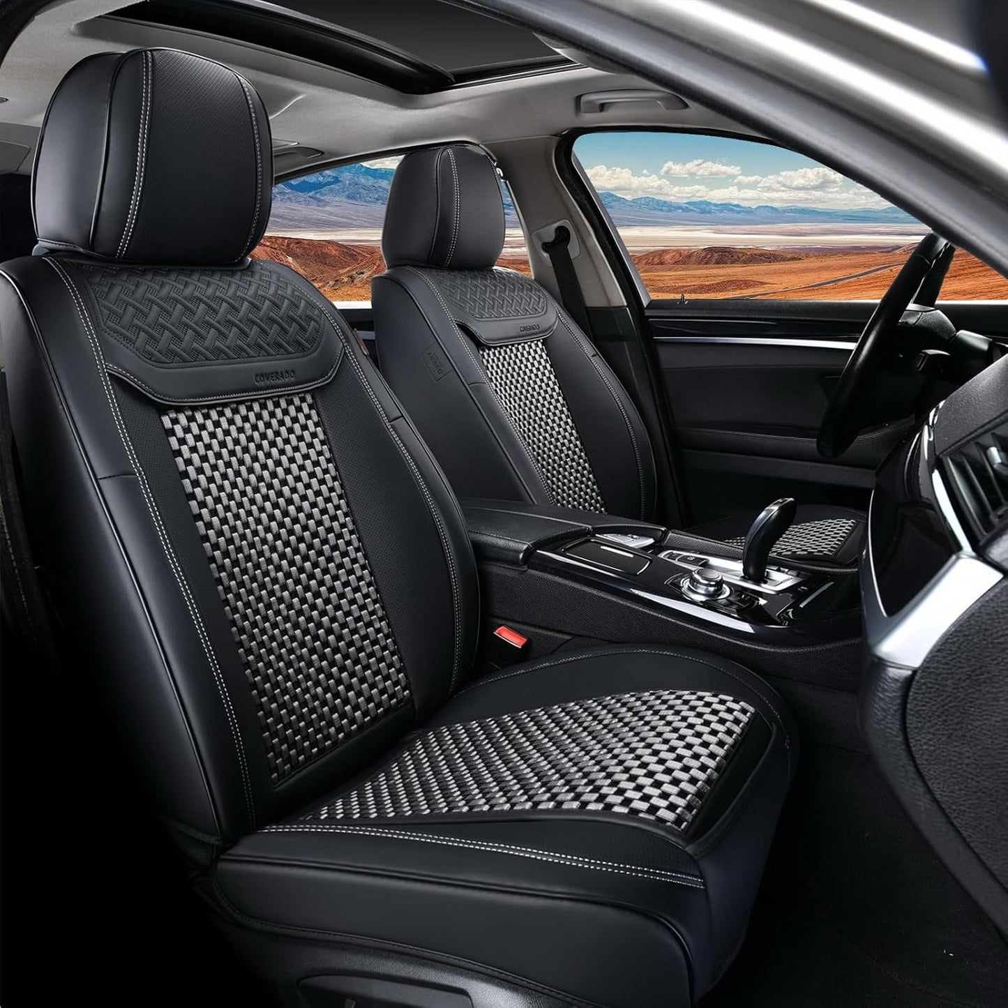 Coverado Leather Seat Covers for Car, Waterproof Car Seat Covers Full Set, 2 in 1 Conversions Car Seat Cover Protector Car Accessories Universal Fit for Most Cars SUVs and Trucks Beige