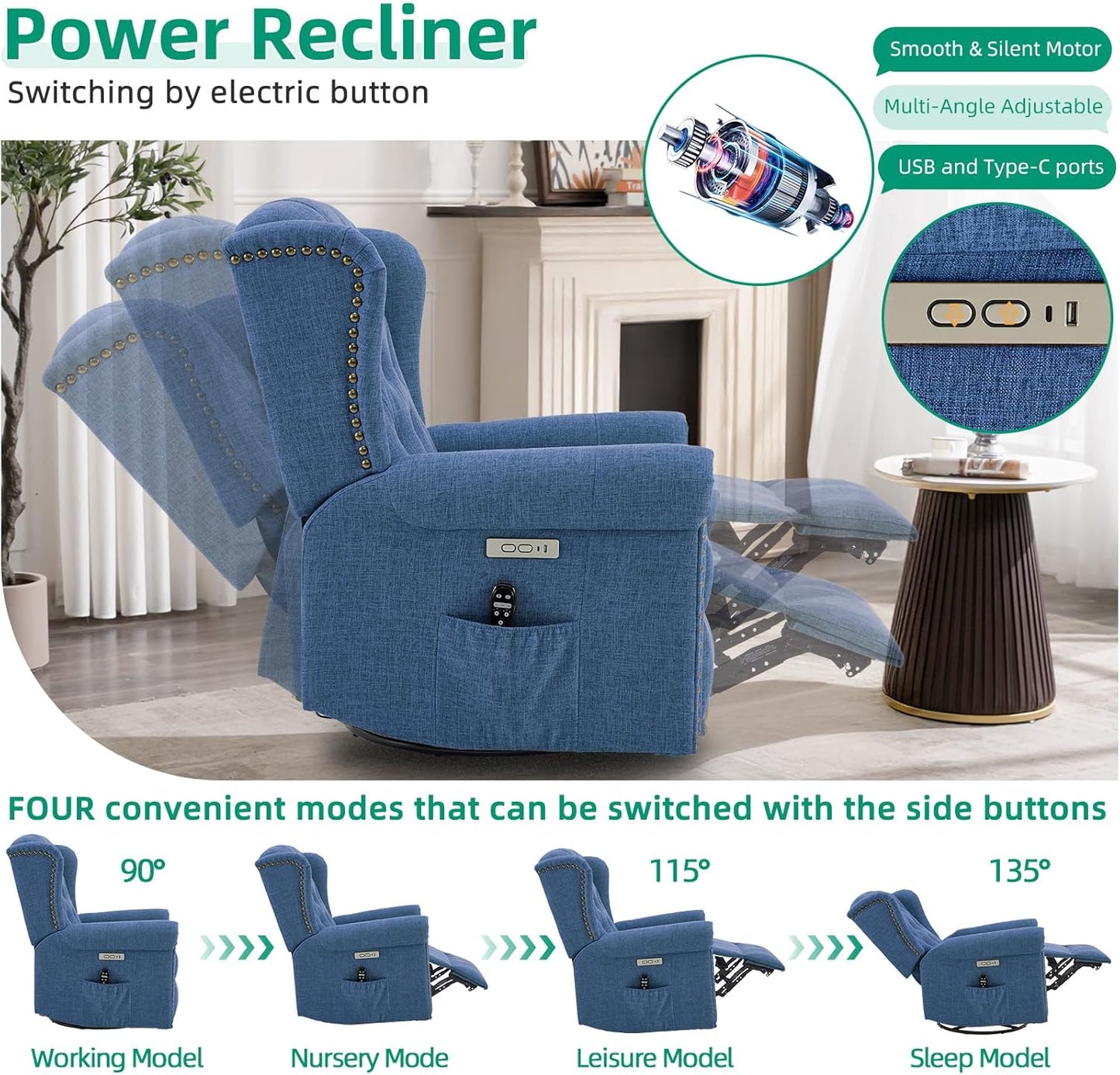 VIVIJASON Power Swivel Rocking Recliner Chair with Massage & Heat, Electric Rocker Nursery Glider Chair, Wingback Tufted Upholstered Recliner W/Type-C & USB Ports for Living Room, Bedroom, Beige