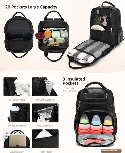 ROSEGIN Premium Vegan Leather Diaper Bag Backpack with Waterproof Changing Pad, Reinforced Zippers & Odor-Free, 20 Pockets Pro Organizer, Fits 15.6" Laptop, Stroller Straps, Baby Bag for Mom, Black