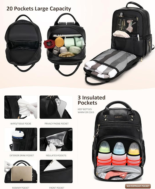 ROSEGIN Premium Vegan Leather Diaper Bag Backpack with Waterproof Changing Pad, Reinforced Zippers & Odor-Free, 20 Pockets Pro Organizer, Fits 15.6" Laptop, Stroller Straps, Baby Bag for Mom, Black