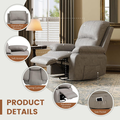 Leather Swivel Rocker Recliner Chair, Traditional Manual Chair, Upholstered Nursery Glider Rocking Recliner, Comfy Faux Leather Single Sofa with Pocket Spring for Living Room, Camel