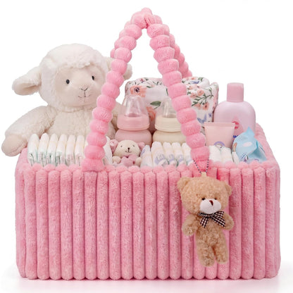 Flannel Baby Diaper Caddy Organizer with Teddy Bear, Baby Shower Gift Basket with Handle, Portable Nursery Storage Basket Bin for Diapers, Wipes, Newborn Essentials (White)