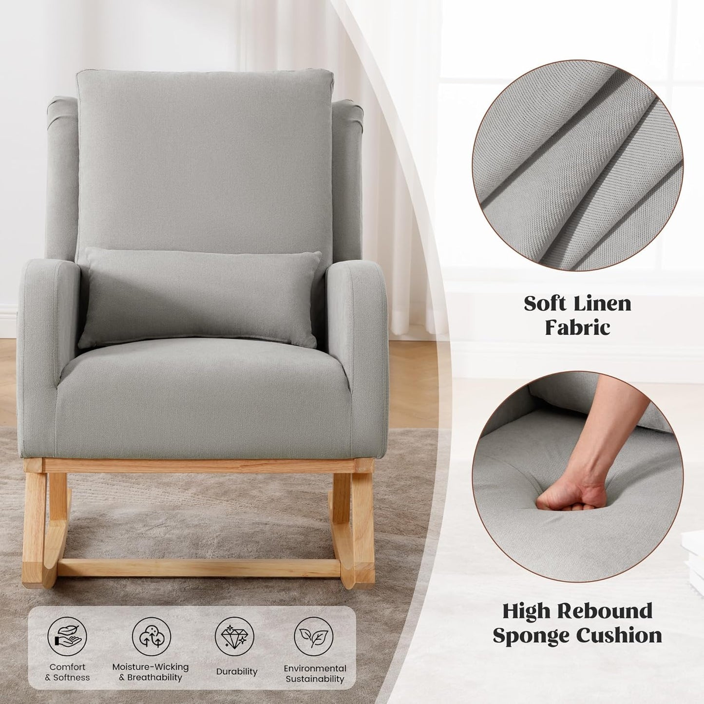 HCHAIRH Rocking Chair Nursery, Sherpa Nursing Rocking Chairs, Upholstered Nursery Glider Rocker for Mom Nursery Morden Accent Rocking Chair Pillow for Living Room,Bedroom,Teddy Light Grey