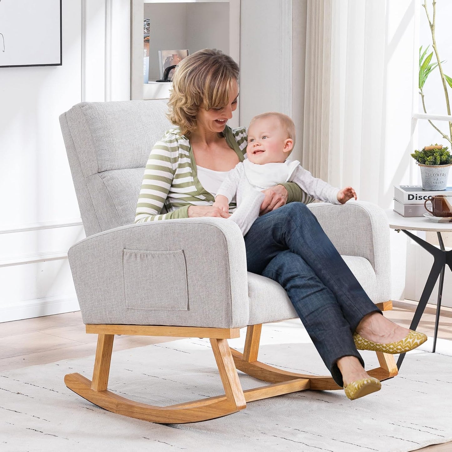 HCHAIRH Rocking Chair Nursery, Upholstered Fabricr Nursing Rocking Chairs with Soft High Back, Modern Nursery Glider Rocker for Mom Living Room, Bedroom, Camel