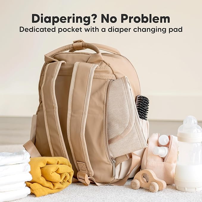 KeaBabies Diaper Bag Backpack - Small Multifunctional Travel Diaper Back Packs, Maternity Baby Changing Bags, 12L Capacity, PU Leather, Waterproof, Unisex, Nappy Changing Pad (Latte, Small)