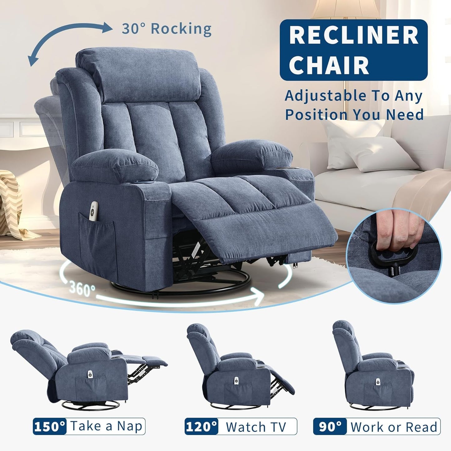 GarveeLife Rocking Recliner Chair for Nursery Glider Recliner with Cup Holder Swivel Rocker with Upholstered Deep Seat Comfy Single Sofa for Living Room Grey
