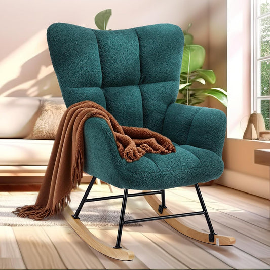 Simple Deluxe Nursery Rocking Chair, Teddy Upholstered Glider Rocker with High Backrest, Comfy Accent Armchair for Nursing & Reading, Standard Size, White
