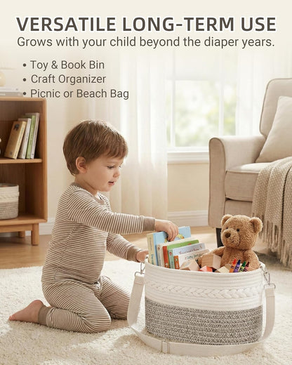 Baby Diaper Caddy Organizer With Handle, Cotton Rope Baby Shower Basket, Large Diaper Caddy with Shoulder Straps for Newborn Parents, Home and Car Travel, 14.5"x8.5"x7.5