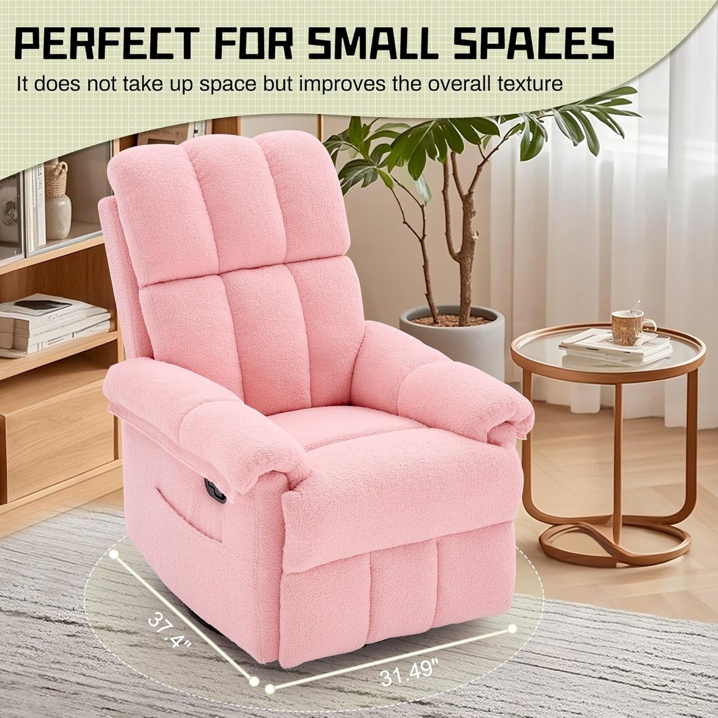 Korser Recliner Chair, Swivel Rocker Recliner Chair for Adults, Small Recliners for Small Spaces, Upholstered Manual Recliner with Side Pockets, Nursery Rocking Chair for Living Room, Chenille, Beige
