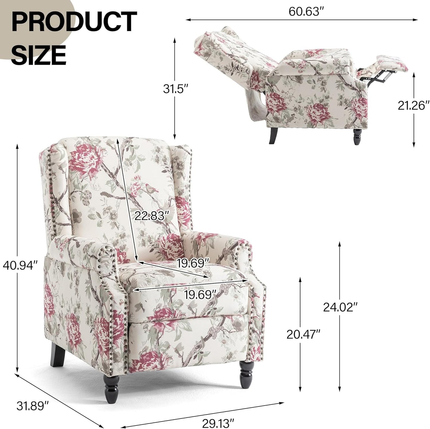 Swivel Rocker Recliner Chair, Manual Nursery Glider Recliner, Floral Fabric Wingback Accent Chair with Adjustable Backrest & Footrest for Small Spaces Living Room Bedroom (Plants Floral, Set of 1)