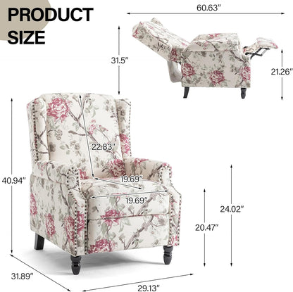 Swivel Rocker Recliner Chair, Manual Nursery Glider Recliner, Floral Fabric Wingback Accent Chair with Adjustable Backrest & Footrest for Small Spaces Living Room Bedroom (Plants Floral, Set of 1)