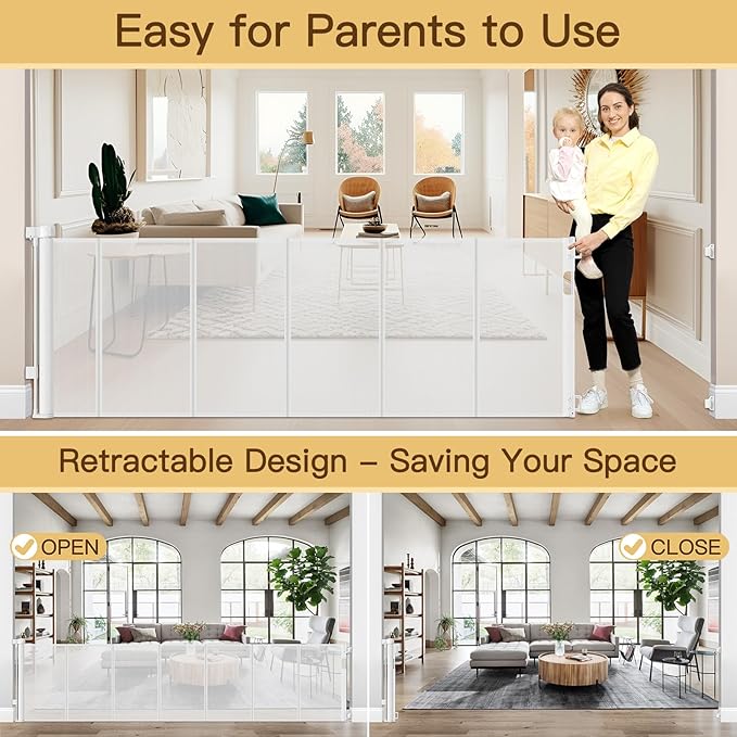 Reinforced 120 Inch Retractable Baby Gates for Doorway, Bottom Anti-Crawl 10 Foot Extra Long Baby Gate, Indoor/Outdoor Retractable Dog Gate for Doorway, Extra Wide Pet Gates for Wide Openings, White