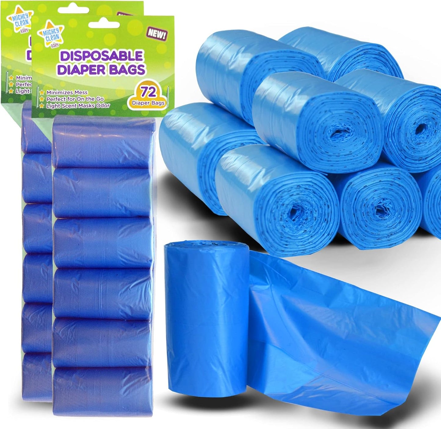 Mighty Clean Baby Disposable Diaper Bag Refill Rolls - Waste Sacks with Light Powder Scent - 72 Count