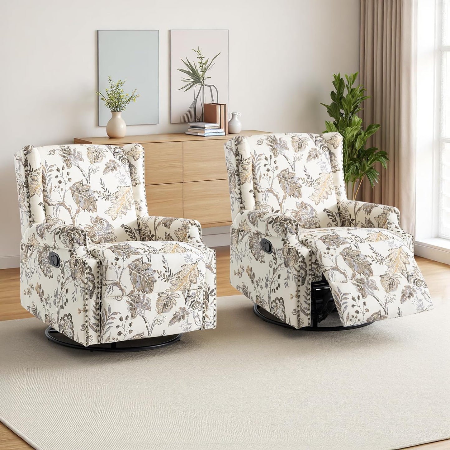 Swivel Rocker Recliner Chair, Manual Nursery Glider Recliner, Floral Fabric Wingback Accent Chair with Adjustable Backrest & Footrest for Small Spaces Living Room Bedroom (Plants Floral, Set of 1)