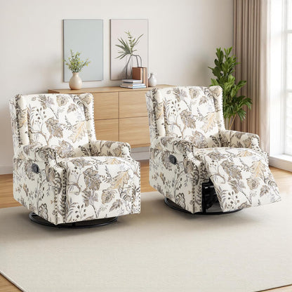 Swivel Rocker Recliner Chair, Manual Nursery Glider Recliner, Floral Fabric Wingback Accent Chair with Adjustable Backrest & Footrest for Small Spaces Living Room Bedroom (Plants Floral, Set of 1)