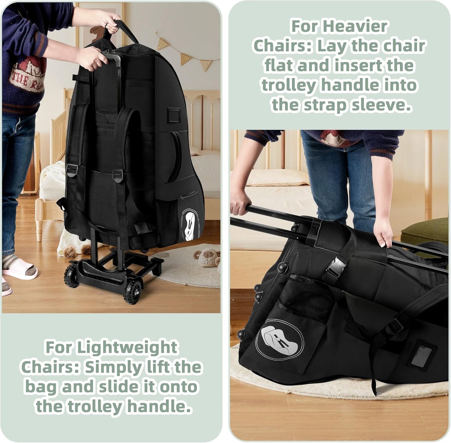 Rolling Car Seat Travel Bag with Wheels – Car Seat Backpack Transport Case for Airplane Travel, Fits Convertible & Booster Seats, Protective Storage Cover, Black