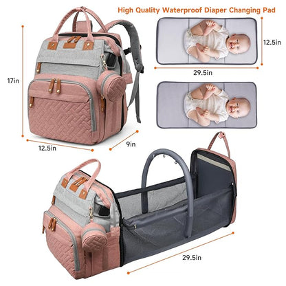 Baby Diaper Bags with Changing Station Multifunctional Waterproof Diaper Bag Backpack Travel Baby Bag with Changing Pad, Pacifier Case,Baby Essentials(PinkGrey)