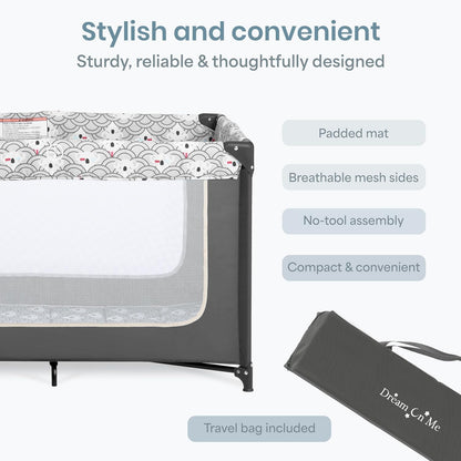 Dream On Me Zodiak Baby Playard, Breathable Mesh Sides, Soft Comfortable Mattress, Quick & Easy to Fold with Travel Carry Bag, Compact Space Saving Design - Grey/Green