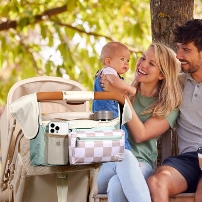 Universal Stroller Organizer with Insulated Cup Holders and Detachable Phone Bag,Stroller Caddy Fits for Stroller Accessories like Uppababy, Baby Jogger, Doona, Nuna Stroller (Green Square grid)