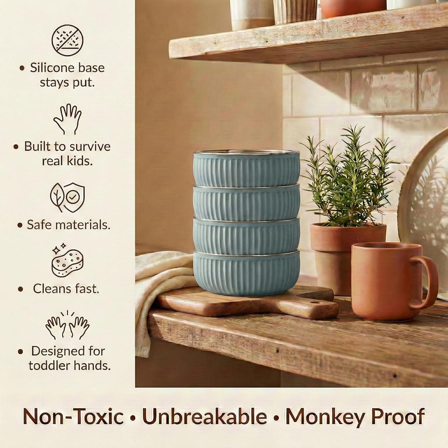 Monkey Proof™ Non-Toxic Stainless Steel Child Bowl 5” with Non-Slip Grooved Silicone Shell, (Set of 4 bowls) Unbreakable, Mess Free Feeding for Babies, Toddlers, Kids, BPA free (Stormy Sky Grooved)