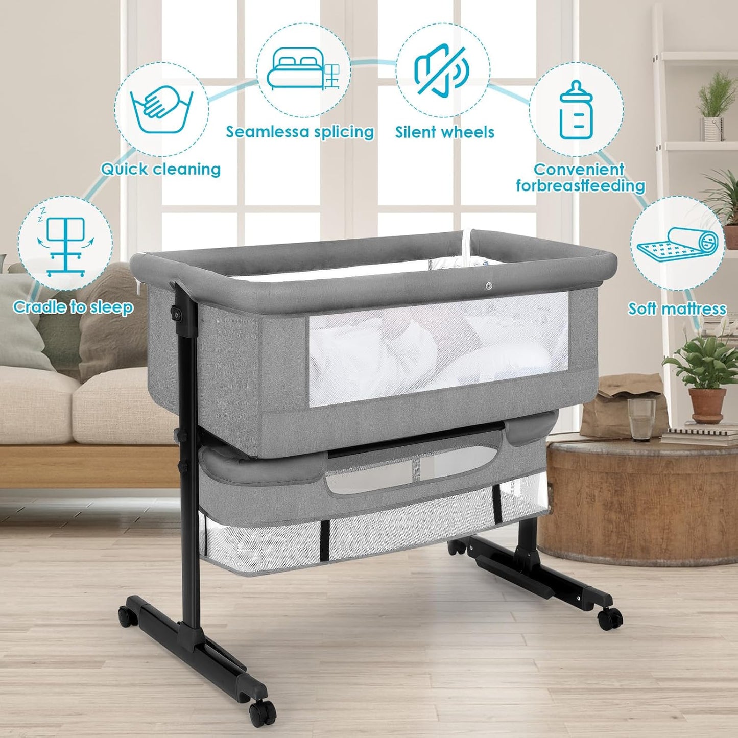 YADAQE Baby Bassinet, Baby Basinet Bedside Sleeper, Easy to Fold Portable Crib Side Bassinet 2025new Style Girl/boy bassinets(Light Grey)
