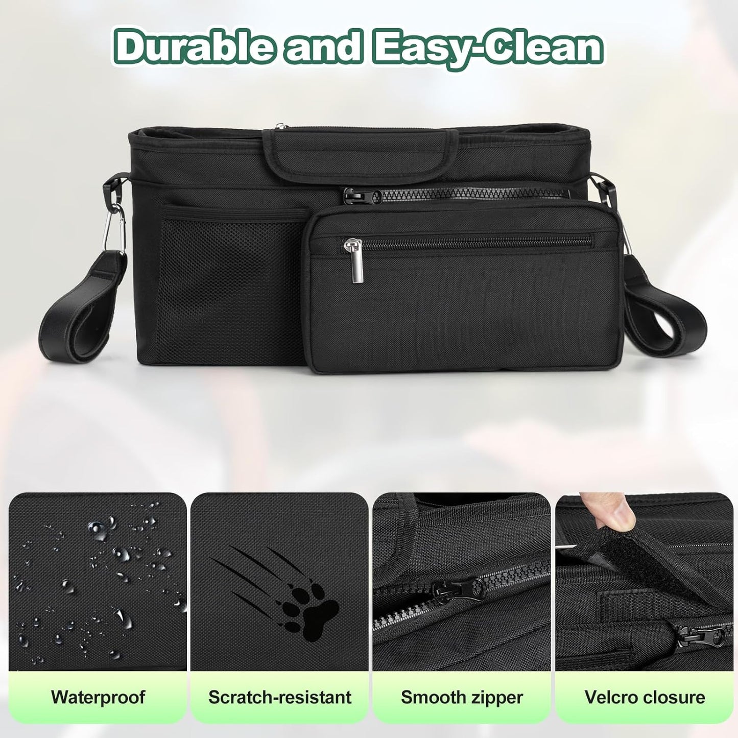 Universal Stroller Organizer Bag, Stroller Caddy with Insulated Cup Holders & Detachable Phone Bag and Shoulder Strap, Stroller Bag for Baby Accessories Fits Most Strollers On Travel, Walks (Black)