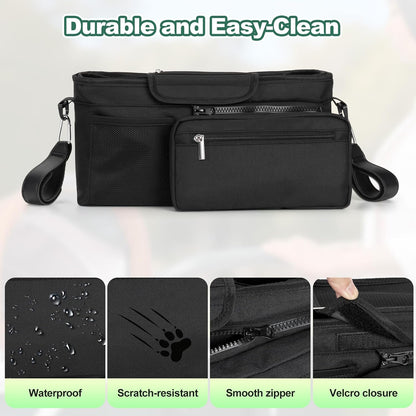 Universal Stroller Organizer Bag, Stroller Caddy with Insulated Cup Holders & Detachable Phone Bag and Shoulder Strap, Stroller Bag for Baby Accessories Fits Most Strollers On Travel, Walks (Black)