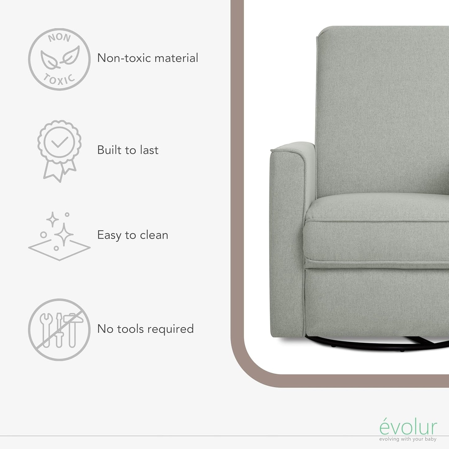 Evolur Harlow Upholstered Power Glider Recliner with USB Charging – Rocking & 275° Swivel with Smooth Glide – Greenguard Gold & FSC Certified – Modern Nursery and Living Room Chair in Light Sand