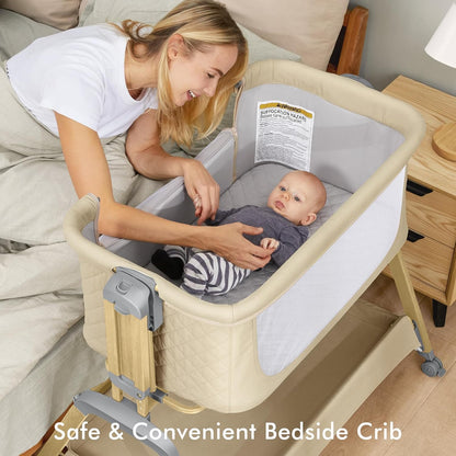 TotRun Bassinet Bedside Sleeper, Rocking Bassinets with Comfy Mattress and Wheels for Newborn, 5-Height Adjustable (Black)