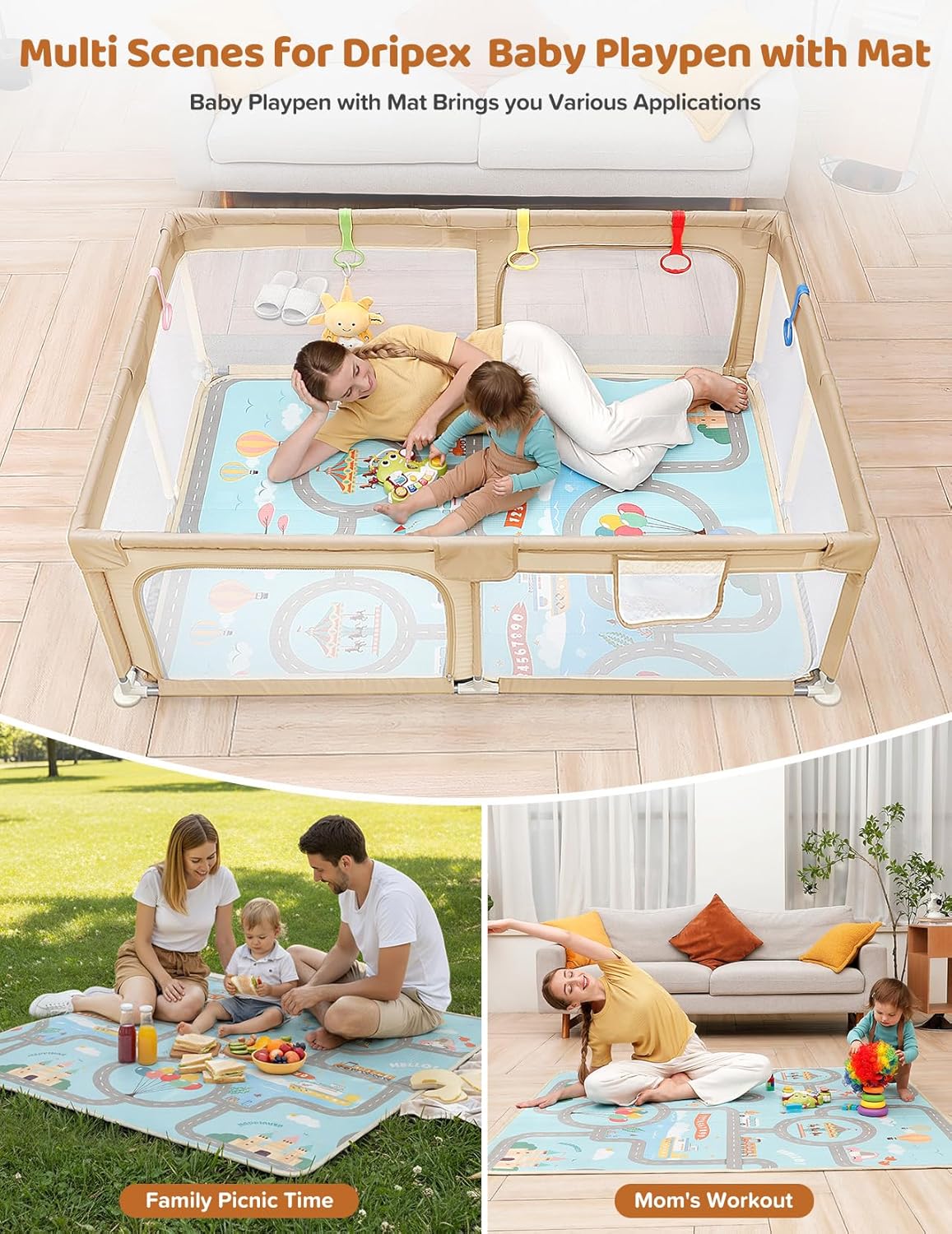 Dripex Baby Playpen, 47"x47" Small Playpen for Babies, Enhanced Safety Baby Play Yard for Indoor & Outdoor, Infant Play Pen with Soft Breathable Visible Mesh, Anti-Fall Design & Easy Setup, Grey