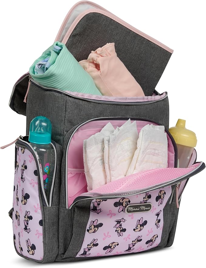 Disney Diaper Bag Backpack with Changing Pad Minnie Mouse – 16” Nylon Baby Bag for Parents, Insulated Bottle Holders, Multiple Storage Pockets