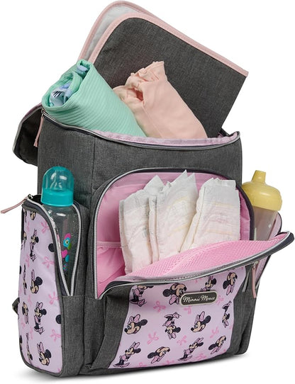 Disney Diaper Bag Backpack with Changing Pad Minnie Mouse – 16” Nylon Baby Bag for Parents, Insulated Bottle Holders, Multiple Storage Pockets