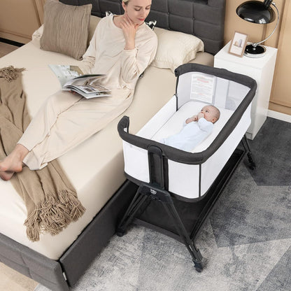 BABY JOY Bassinet Bedside Sleeper, Easy Folding Baby Crib w/All-Side Mesh, Storage Shelf, 7 Adjustable Heights, Mattress & Travel Bag for Safe Co-Sleeping, Portable Baby Bed for Newborn Infant -Gray