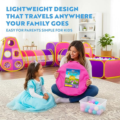 Playz 5pc Kids' Play Tents & Tunnels - Ball Pit for Toddlers, Basketball Hoop, Crawling Tubes, Pop-Up Playhouses, Baby Obstacle Course for Indoor or Outdoor Use