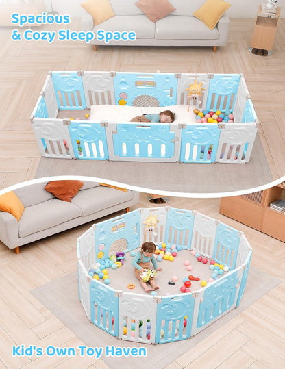 Baby Playpen, Dripex Baby Playard for Babies and Toddlers, 14-Panel Foldable Playpen Adjustable Portable Play Area, Indoor/Outdoor Kids Active Center with Game Panel & Safety Gate, Grey White