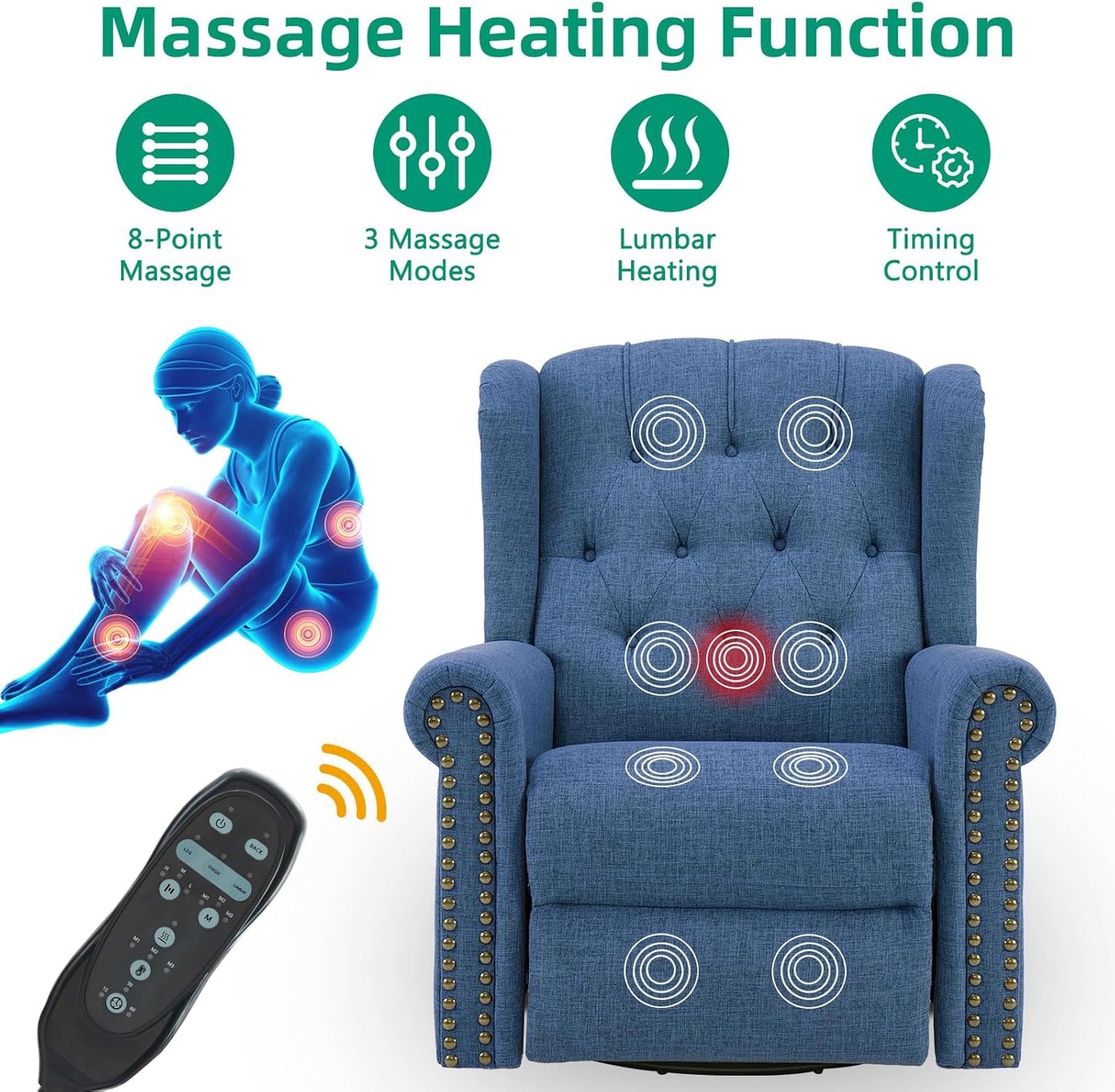 VIVIJASON Power Swivel Rocking Recliner Chair with Massage & Heat, Electric Rocker Nursery Glider Chair, Wingback Tufted Upholstered Recliner W/Type-C & USB Ports for Living Room, Bedroom, Beige