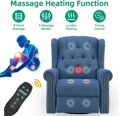 VIVIJASON Power Swivel Rocking Recliner Chair with Massage & Heat, Electric Rocker Nursery Glider Chair, Wingback Tufted Upholstered Recliner W/Type-C & USB Ports for Living Room, Bedroom, Beige