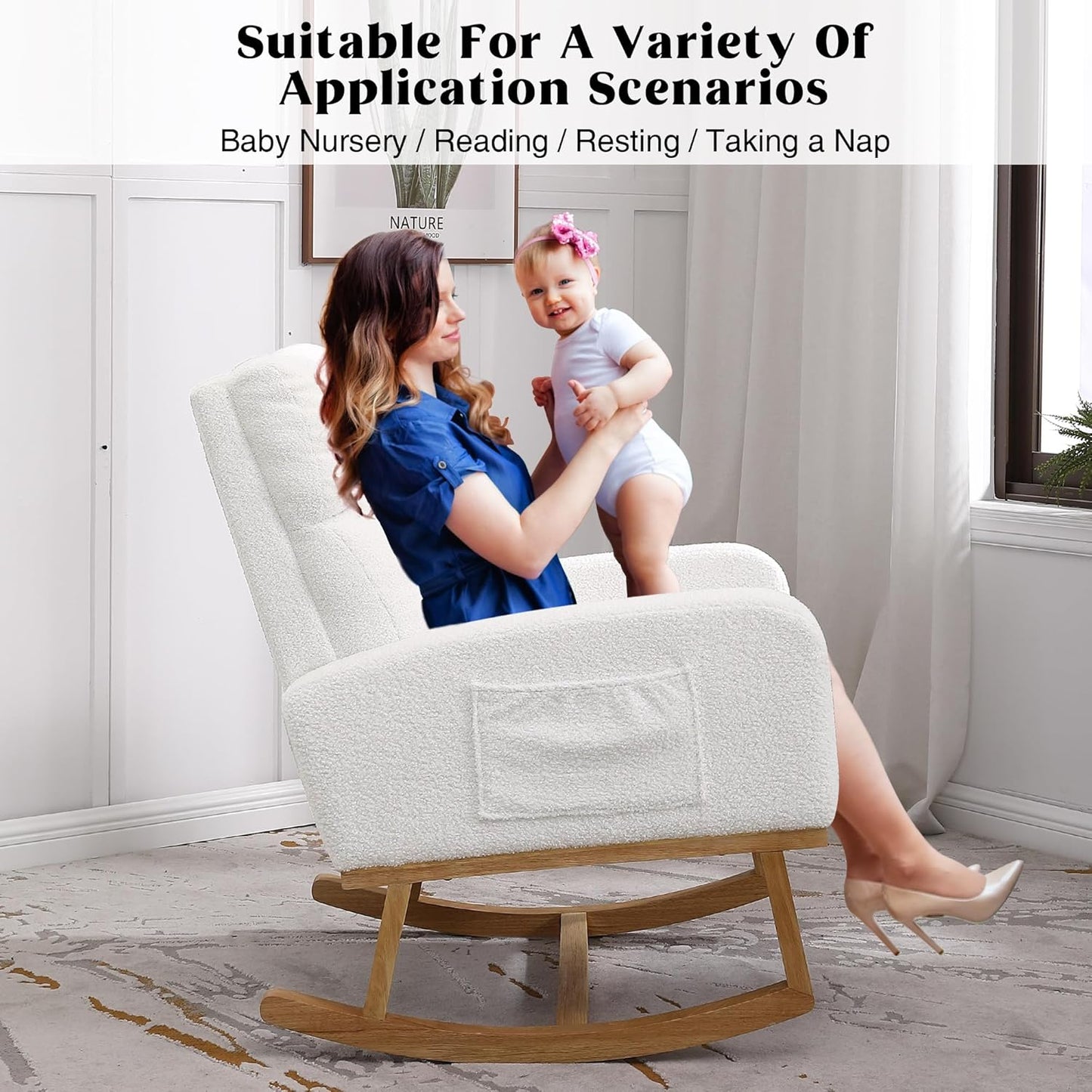 Rocking Chair Nursery, Upholstered Nursing Rocker Chair for Mom with High Backrest and Side Pockets for Bedroom Living Room, Beige