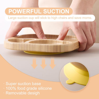 Suction Plates Bowls Set for Baby Toddler Non-Toxic Bamboo Feeding Set with Silicone Fork & Spoon (Green Feeding Set)