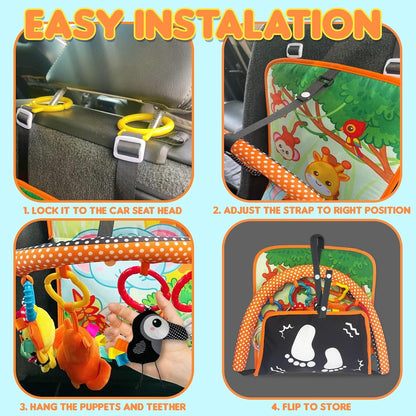 Baby Car Seat Animals Toys - Kick and Play Double Sided Infant Car Seat Toys with Plush Toys, Mirror, Teether for Baby, Babys Travel Activities, Christmas Birthday Gifts Newborn Infant Toys