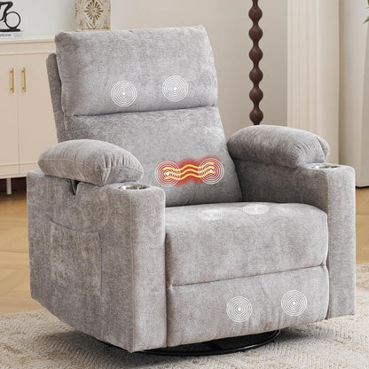 Rocking Chair Nursery with Adjustable Armrests, Electric Glider Recliner Nursing Chair for Breastfeeding, Power Swivel Recliner Chairs with Massage and Heat, Adjustable Headrest , FSC Certified, White