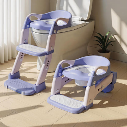 3-in-1 Potty Training Seat & Training Toilet & Potty Chair, Height AdjustableToddler Toilet Seat for Kids, Foldable Potty Training Toilet with Splash Guard & Anti-Slip Steps (Gray)