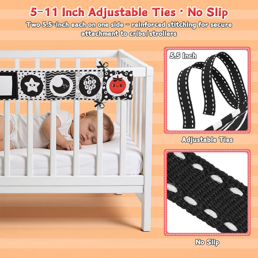 High Contrast Baby Toys for Newborn – Black White Tummy Time Mirror Toy, Crinkle Sensory Baby Book 0-6 Months for Newborns, Attach to Crib/Stroller/Car Seat