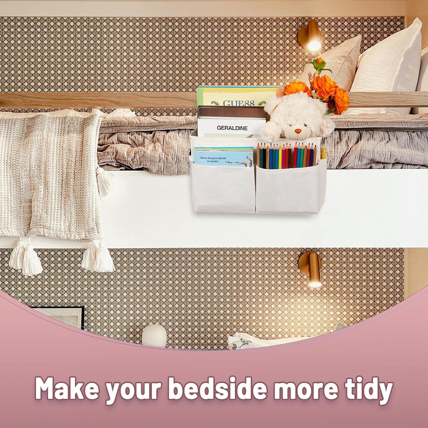 Bedside Storage Organizer 5 Pockets with 4 Hooks Hanging Storage Bag for Headboards/Bunk Bed (Pink)