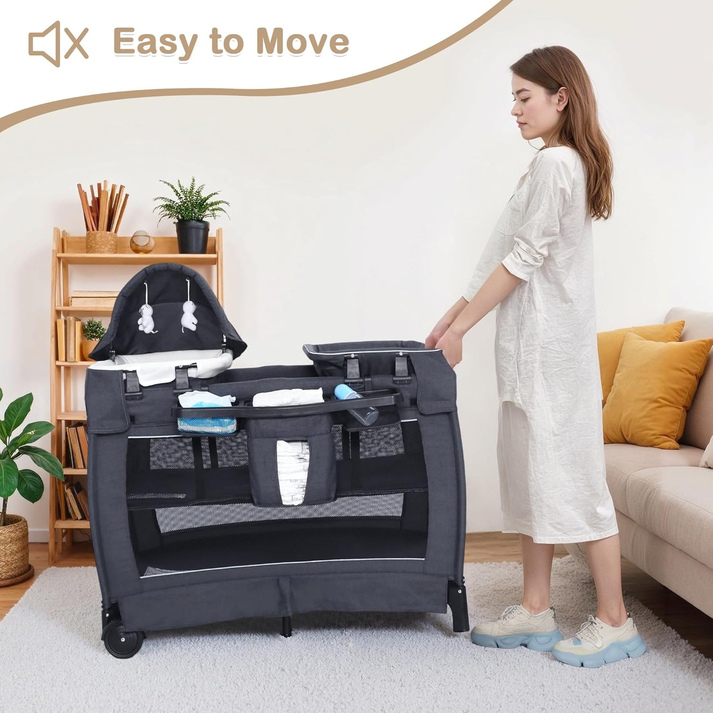 TODEFULL 4 in 1 Multifunctional Pack and Play, Foldable Baby Playards with Changing Table & Breathable Mesh, Baby Playpen for Babies and Toddlers, Black